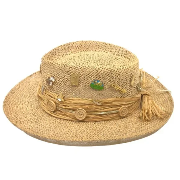 VINTAGE 1960s LADIES' PANAMA PORK PIE STRAW 3" BRIM HAT~w/21 GOLF PIN CHARMS - Picture 2 of 5